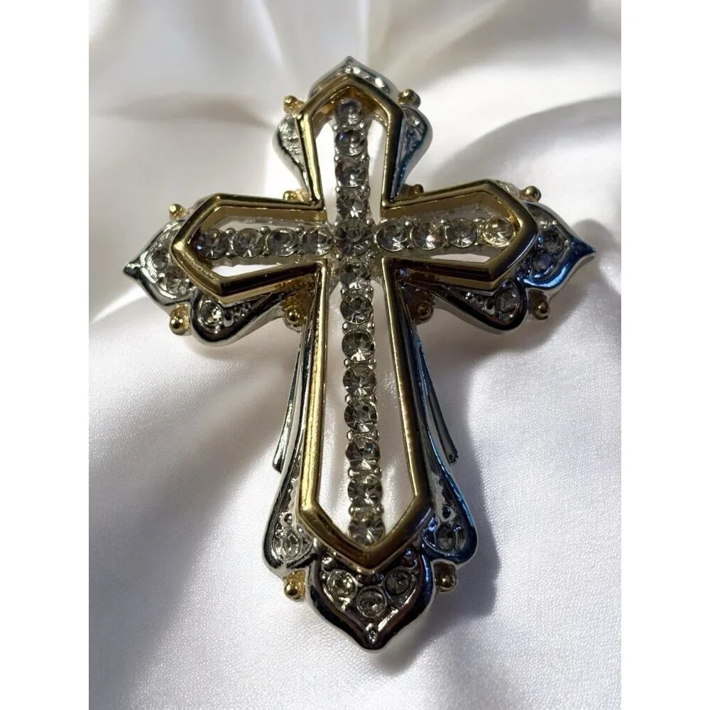Napier Cross Brooch Pin Gold & Silver Tone Clear Rhinestones Open Work Religious
